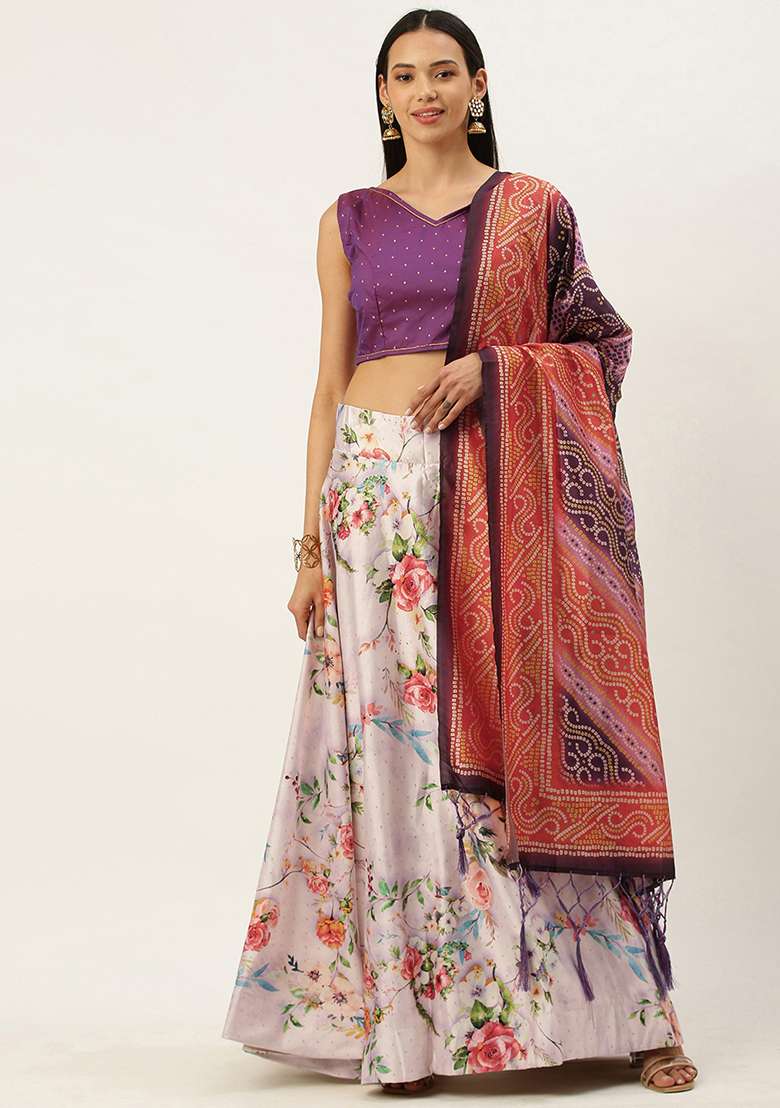 Violet Printed Satin Silk Blend Lehenga Set for Diwali and Festive Wear - Indya