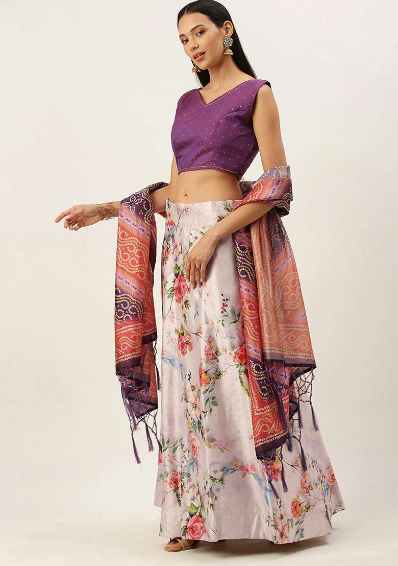 Violet Printed Satin Silk Blend Lehenga Set for Diwali and Festive Wear - Indya
