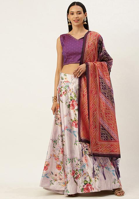 Violet Printed Satin Silk Lehenga Set