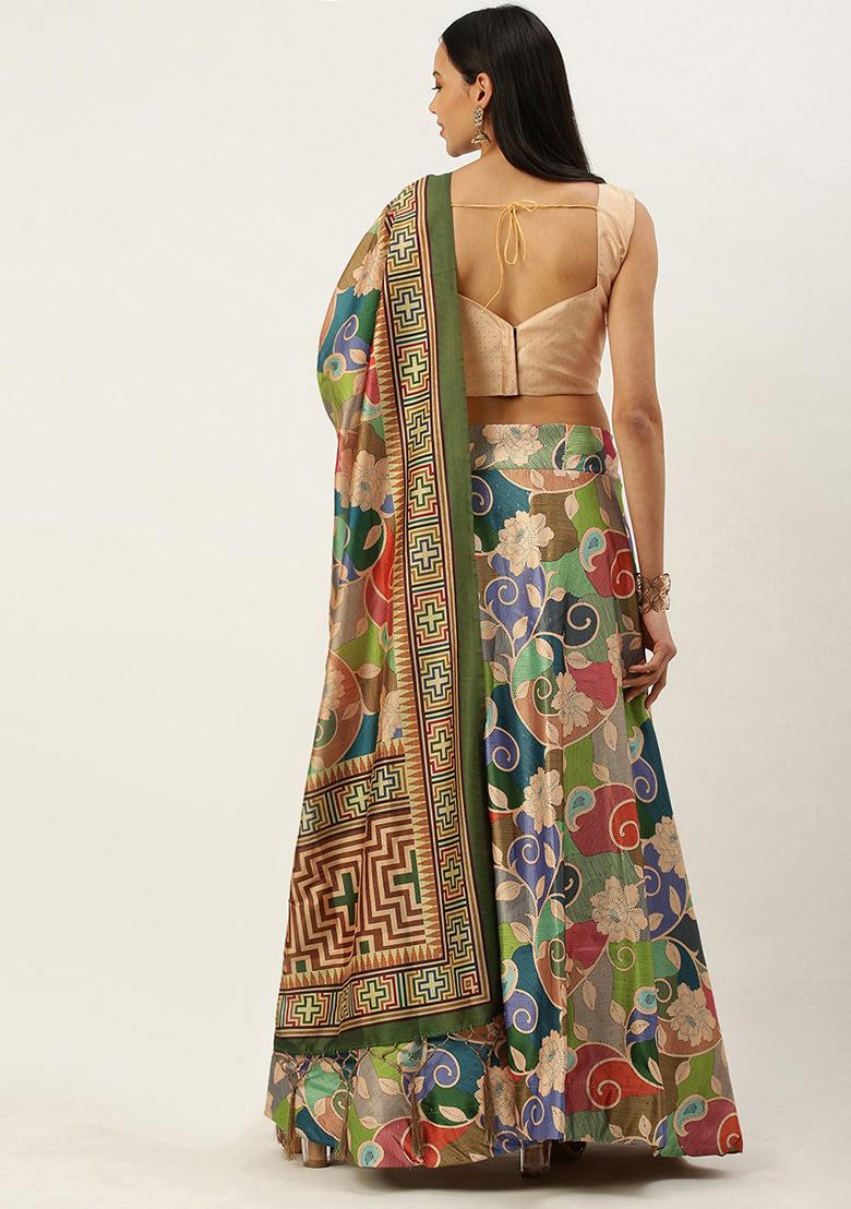 Multicolor Digital Print Silk Satin Lehenga Set