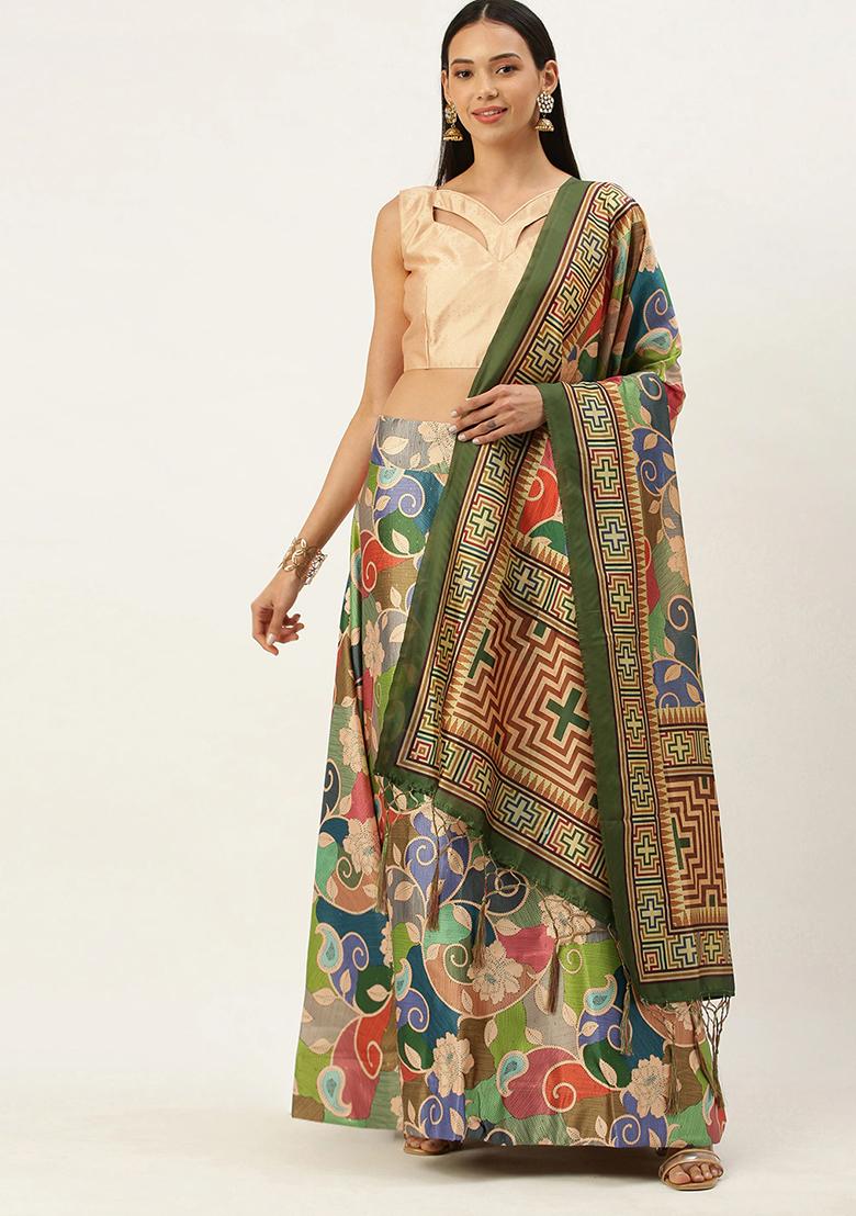 Multicolor Digital Print Silk Satin Lehenga Set