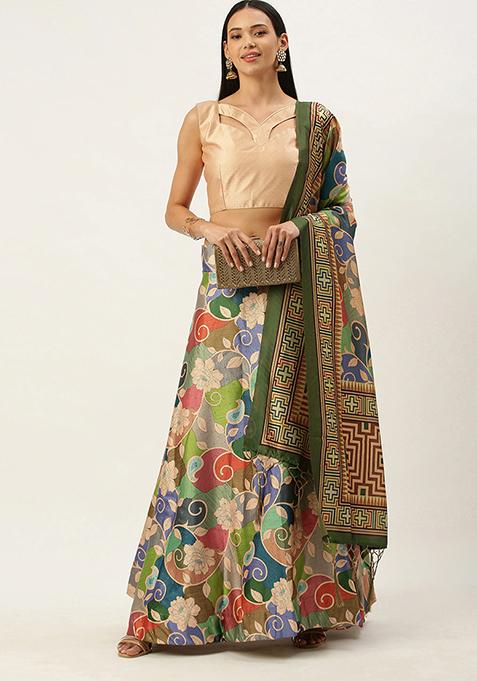 Multicolor Digital Print Silk Satin Lehenga Set