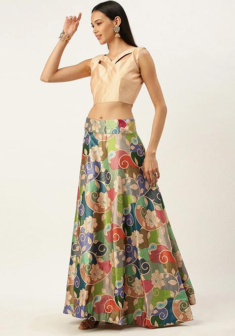 Multicolor Digital Print Silk Satin Lehenga Set