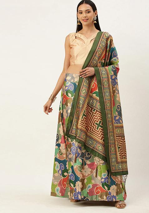 Multicolor Digital Print Silk Satin Lehenga Set