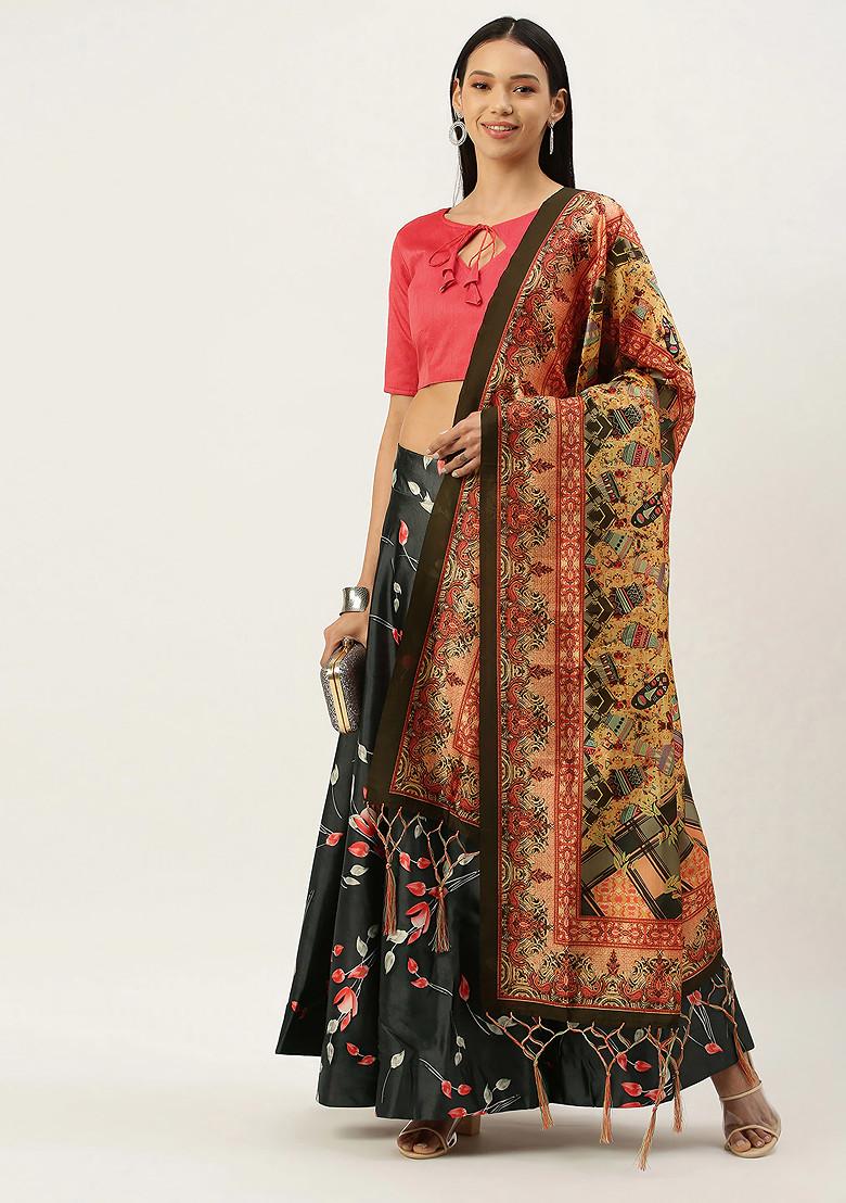 Dark Pink Printed Silk Satin Lehenga Set