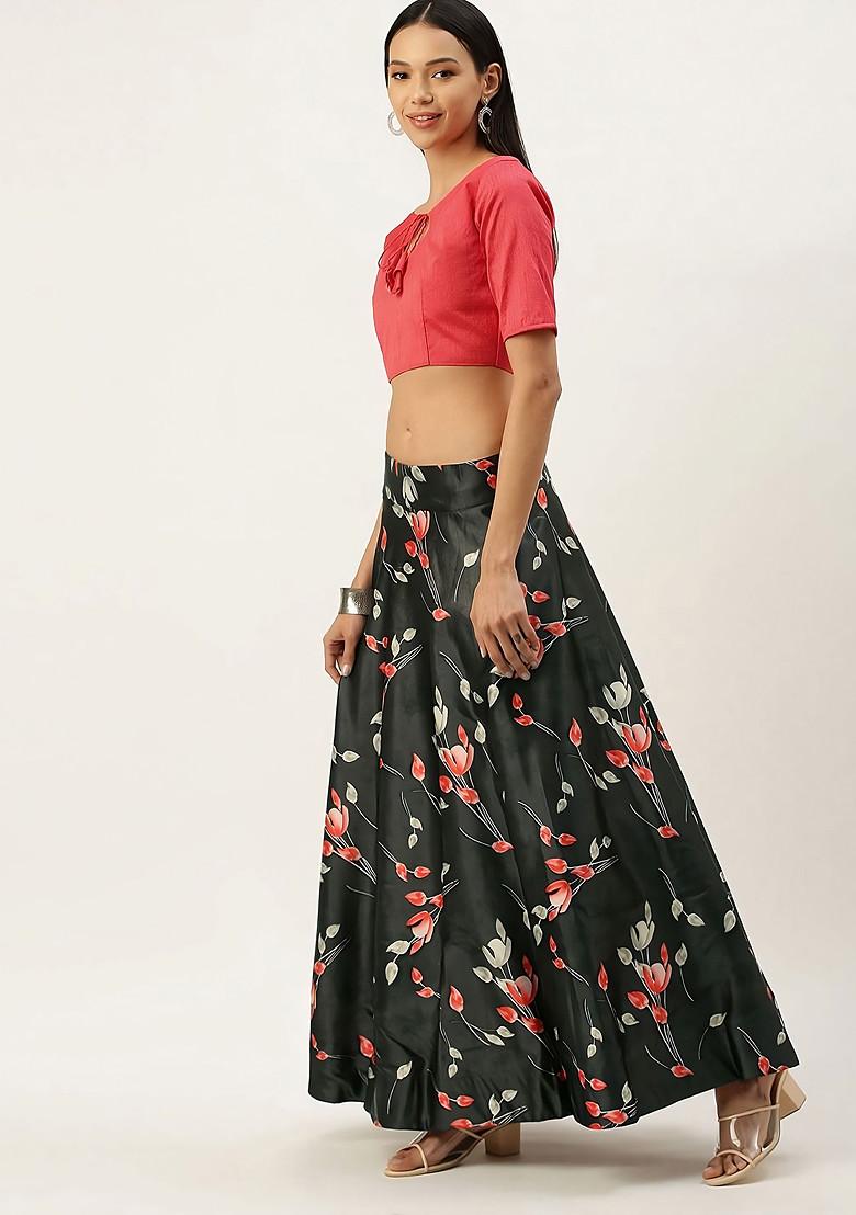 Dark Pink Printed Silk Satin Lehenga Set