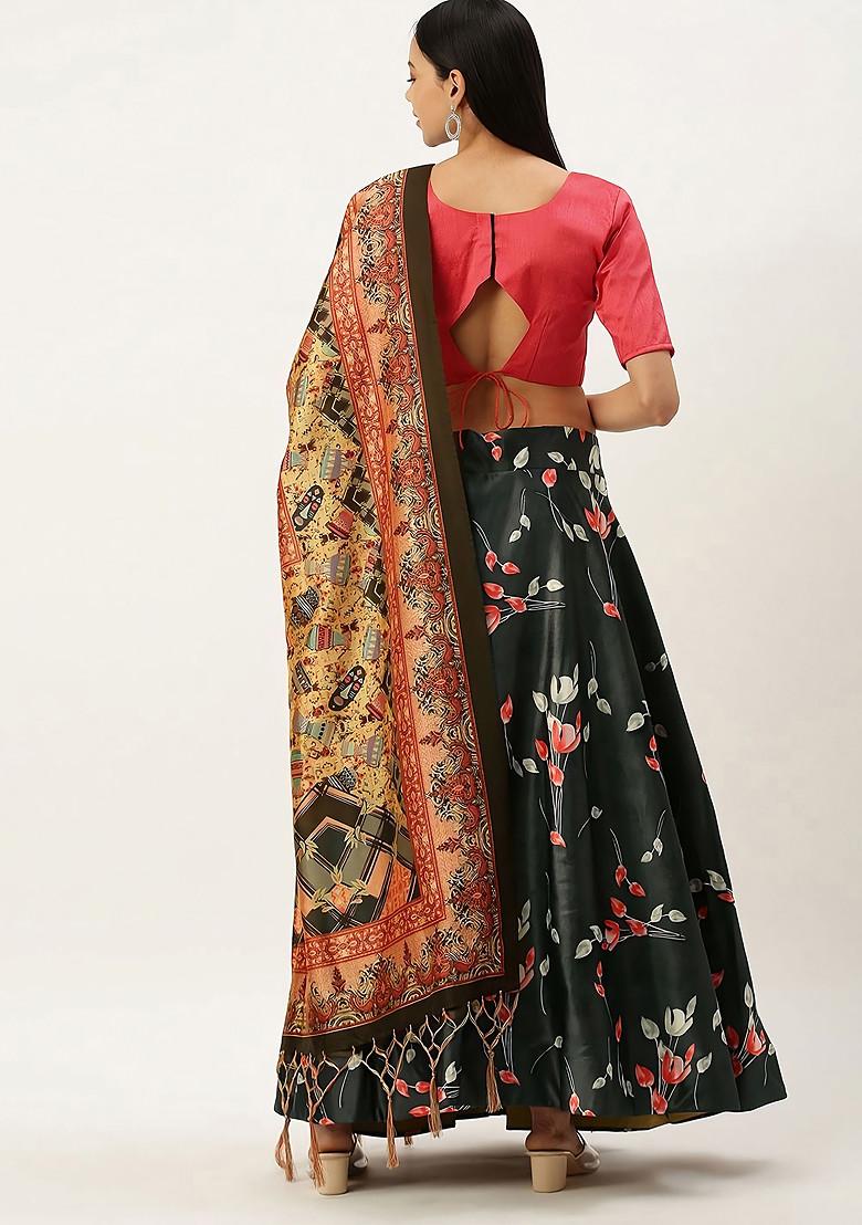 Dark Pink Printed Silk Satin Lehenga Set