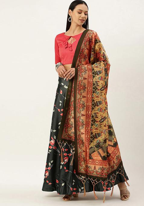 Dark Pink Printed Silk Satin Lehenga Set