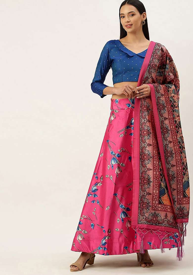 Blue Digital Print Silk Blend Satin Lehenga Set for Diwali and Festive Wear - Indya