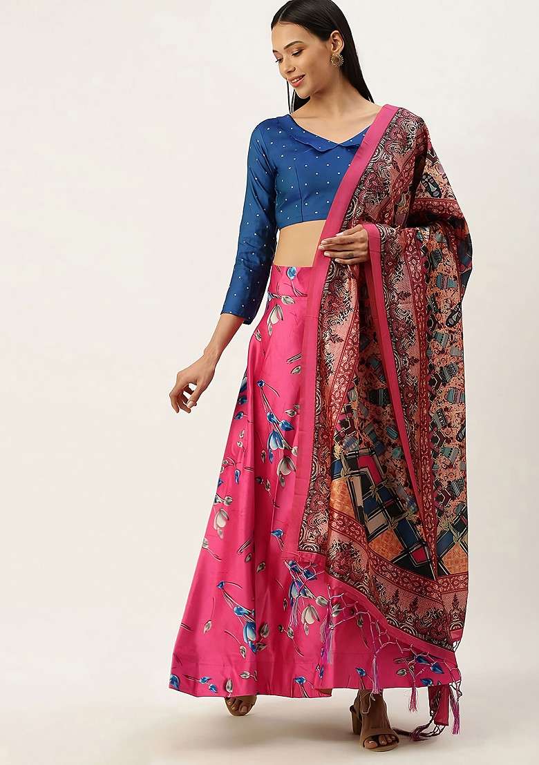 Blue Digital Print Silk Blend Satin Lehenga Set for Diwali and Festive Wear - Indya