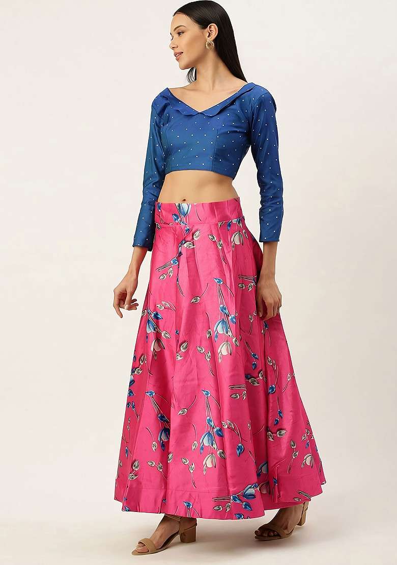 Blue Digital Print Silk Blend Satin Lehenga Set for Diwali and Festive Wear - Indya
