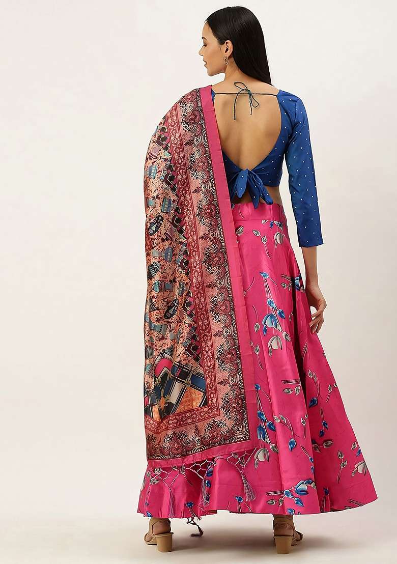 Blue Digital Print Silk Blend Satin Lehenga Set for Diwali and Festive Wear - Indya
