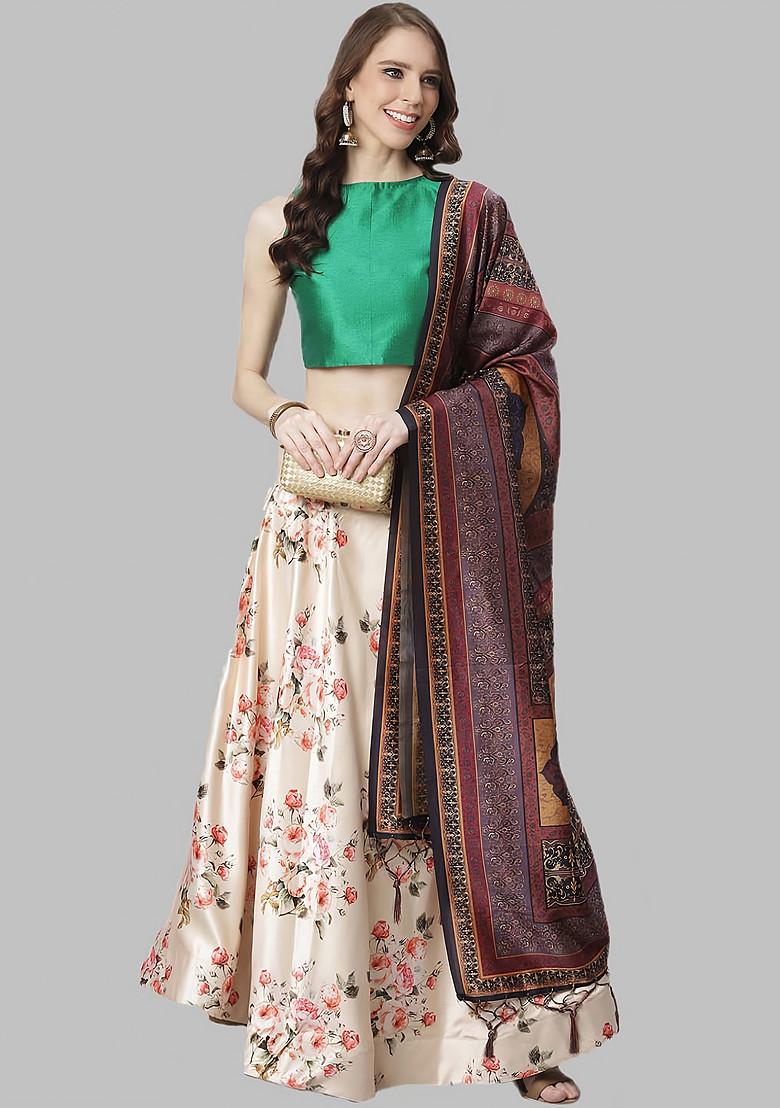 Green Digital Print Silk Satin Lehenga Set
