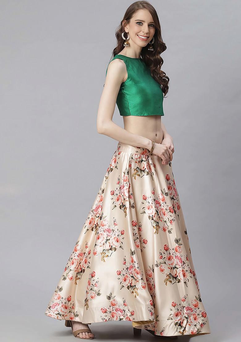 Green Digital Print Silk Satin Lehenga Set