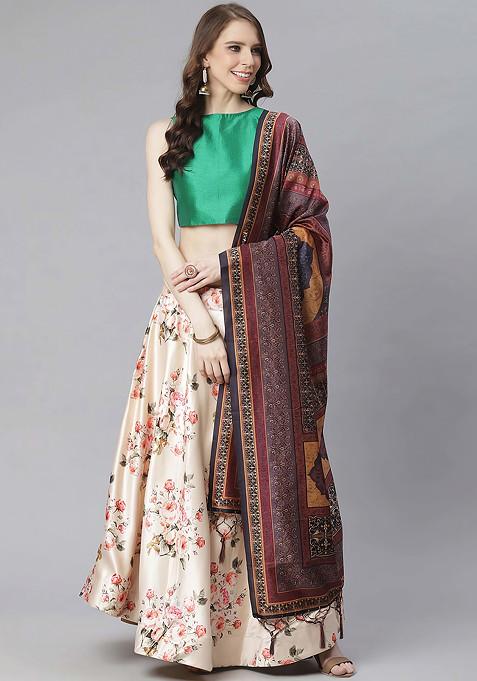 Green Digital Print Silk Satin Lehenga Set