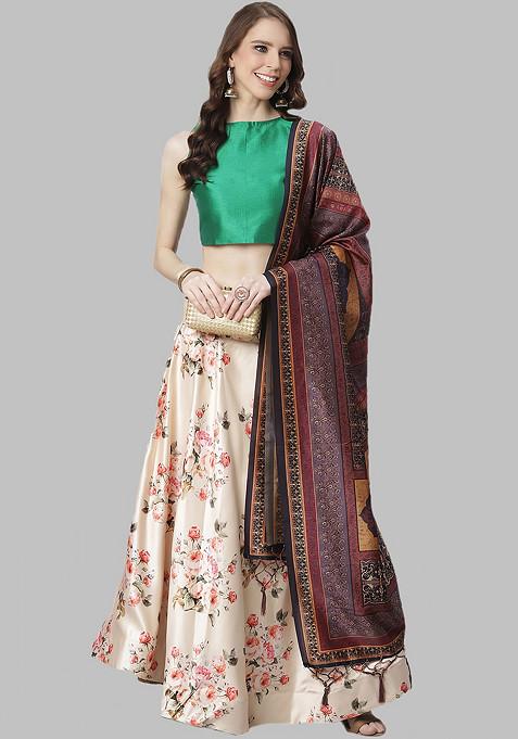 Green Digital Print Silk Satin Lehenga Set
