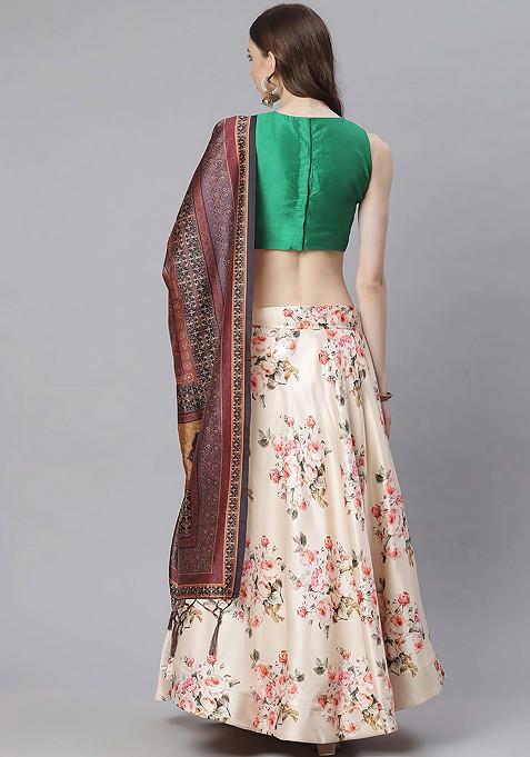 Green Digital Print Silk Satin Lehenga Set