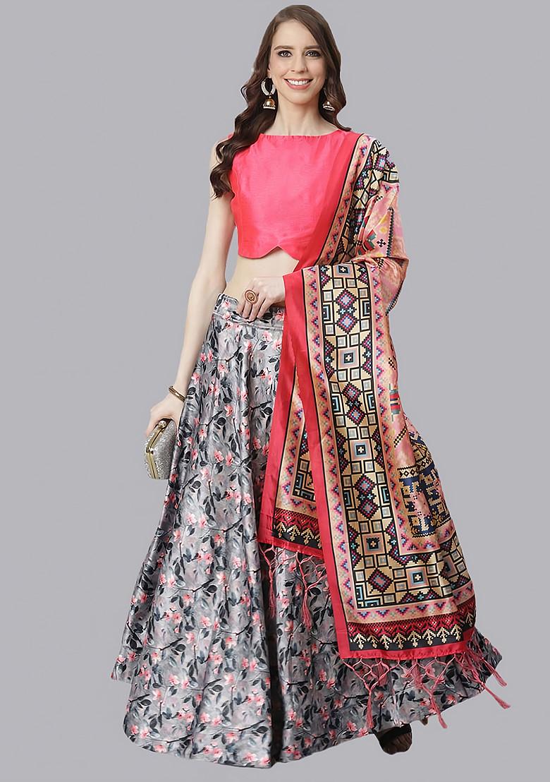 Fuchsia Pink Digital Print Satin Silk Lehenga Set