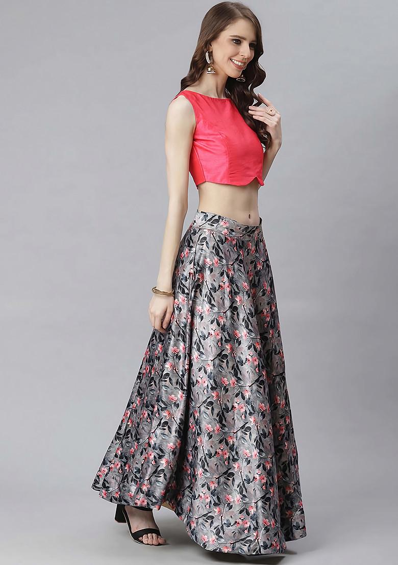 Fuchsia Pink Digital Print Satin Silk Lehenga Set