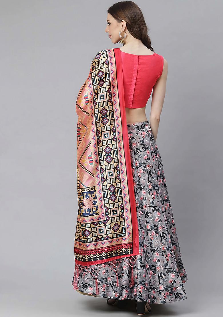 Fuchsia Pink Digital Print Satin Silk Lehenga Set