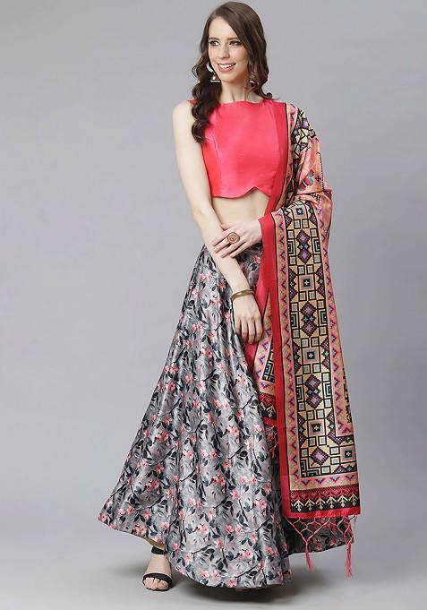 Fuchsia Pink Digital Print Satin Silk Lehenga Set