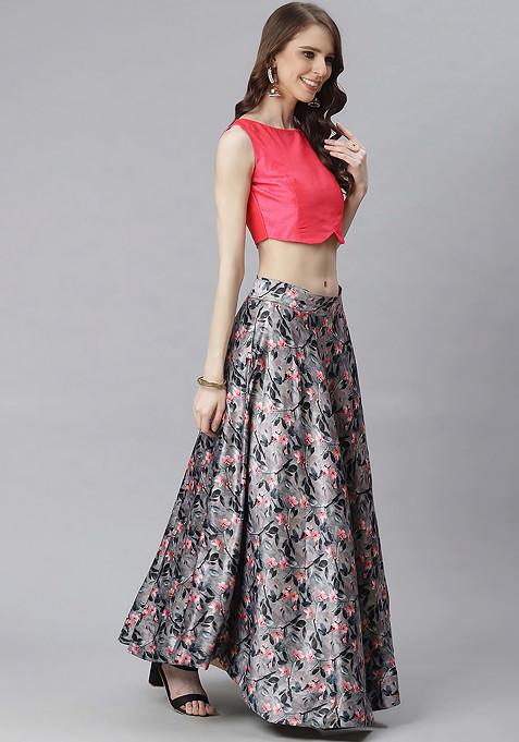 Fuchsia Pink Digital Print Satin Silk Lehenga Set