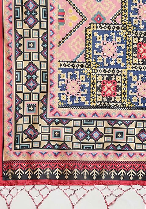 Fuchsia Pink Digital Print Satin Silk Lehenga Set