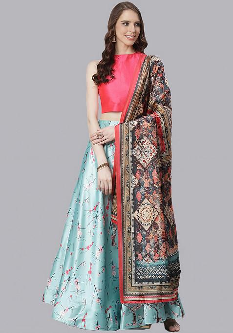 Dark Pink Digital Print Satin Silk Lehenga Set