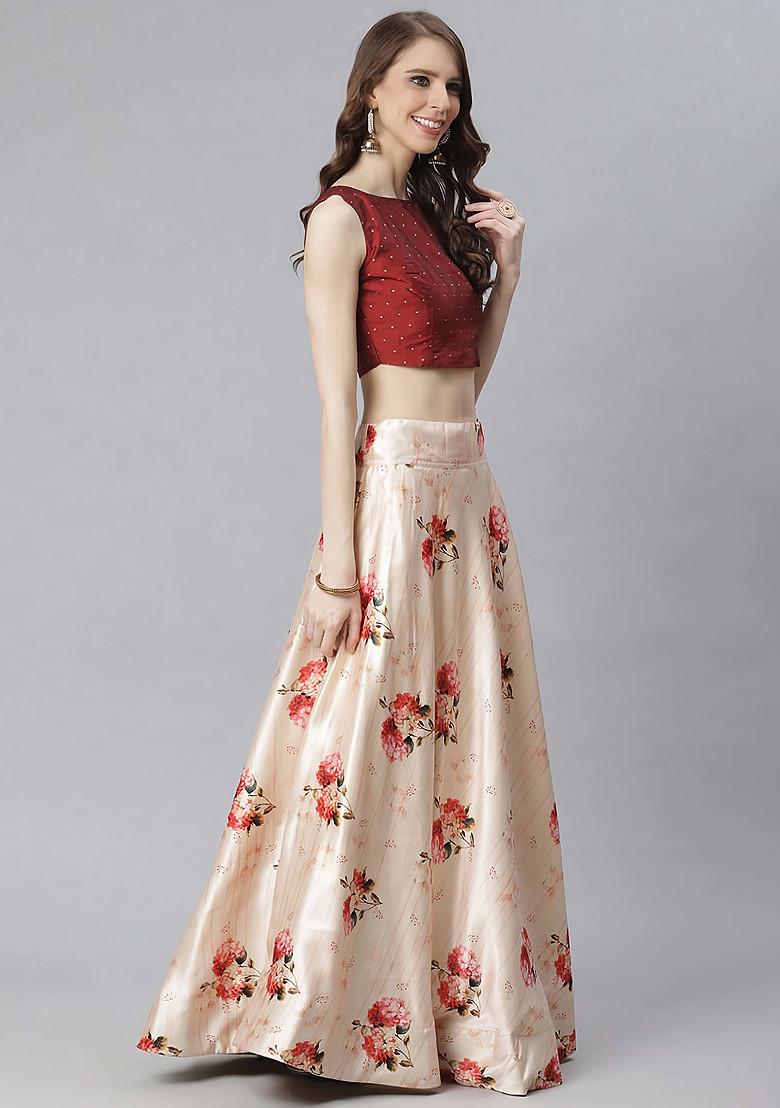 Maroon Digital Print Satin Silk Lehenga Set