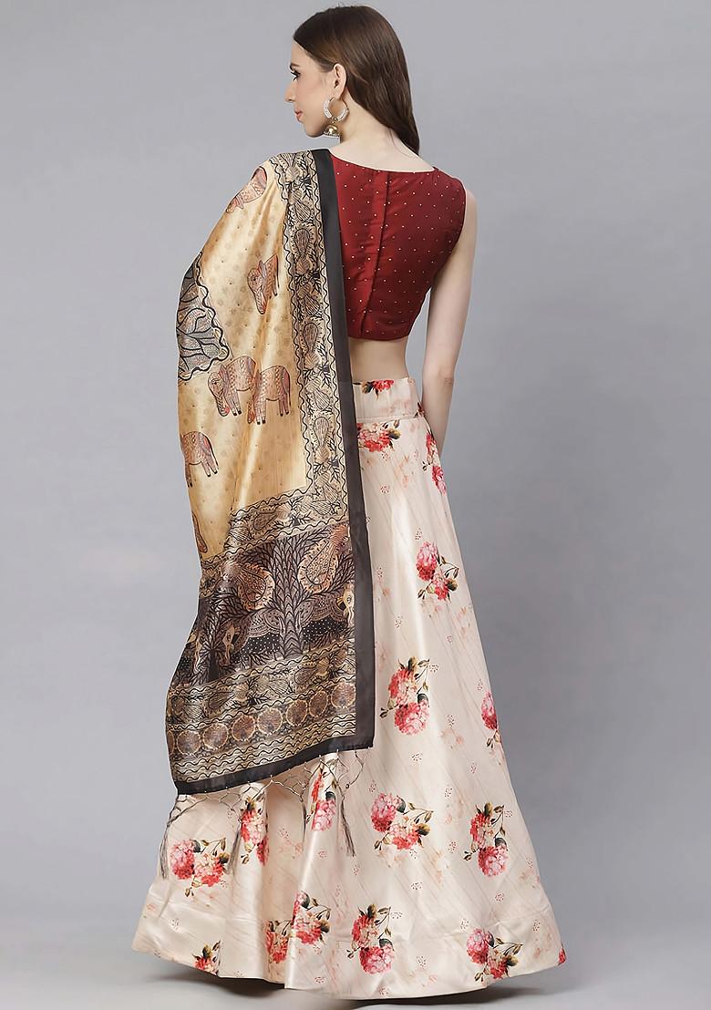 Maroon Digital Print Satin Silk Lehenga Set