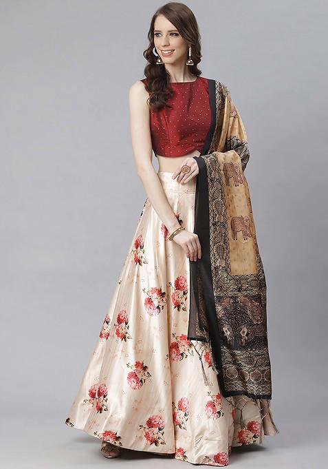 Maroon Digital Print Satin Silk Lehenga Set