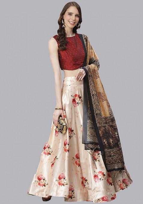 Maroon Digital Print Satin Silk Lehenga Set