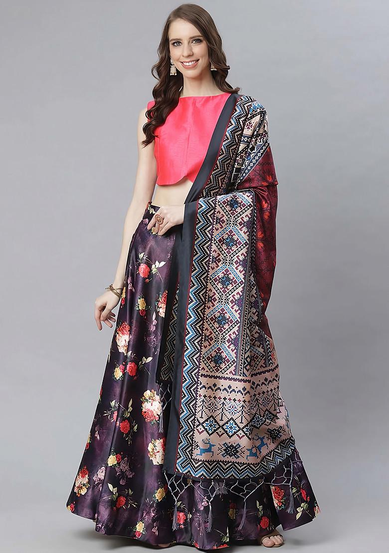 Dark Pink Printed Silk Satin Lehenga Set