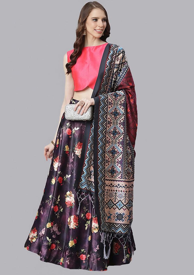 Dark Pink Printed Silk Satin Lehenga Set