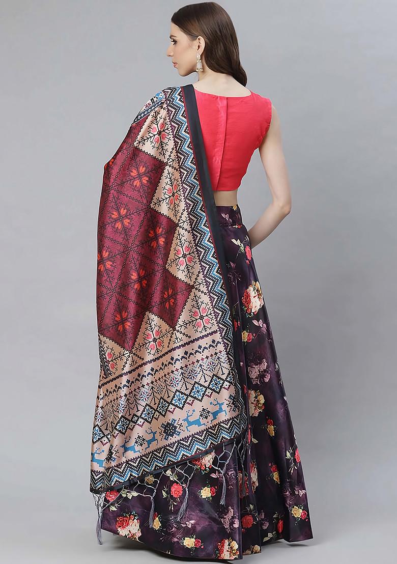 Dark Pink Printed Silk Satin Lehenga Set