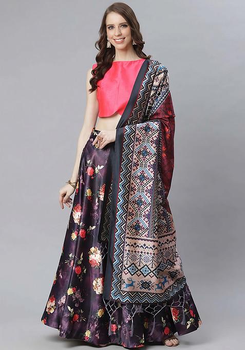 Dark Pink Printed Silk Satin Lehenga Set