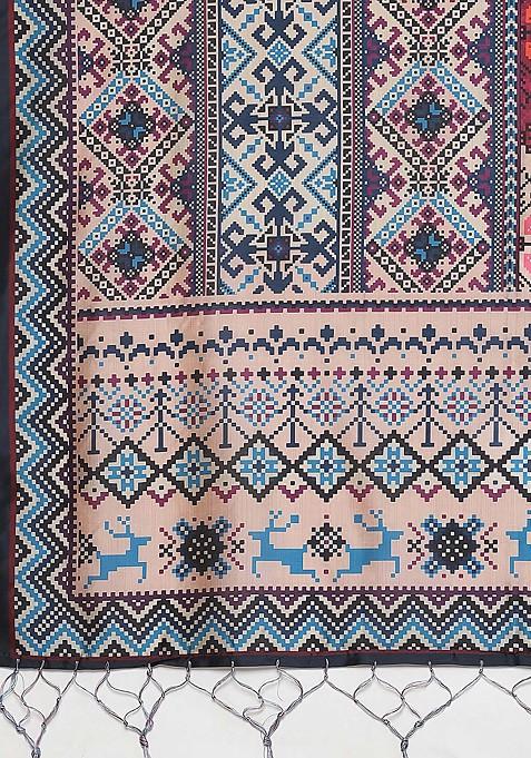 Dark Pink Printed Silk Satin Lehenga Set