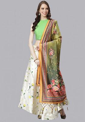 Green Printed Silk Satin Lehenga Set