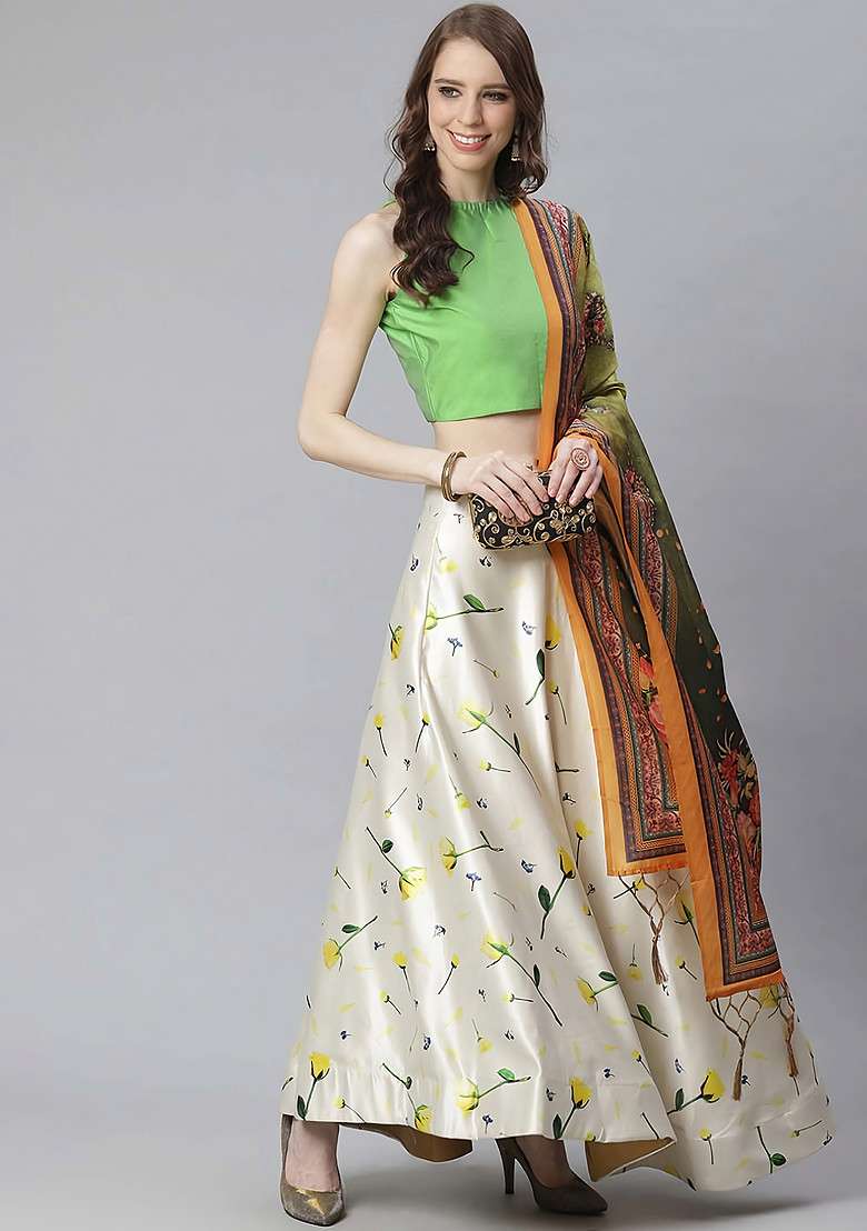 Green Satin Silk Blend Lehenga Set with Printed for Diwali | Wedding & Festive Wear - Indya