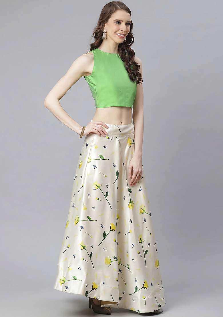 Green Satin Silk Blend Lehenga Set with Printed for Diwali | Wedding & Festive Wear - Indya