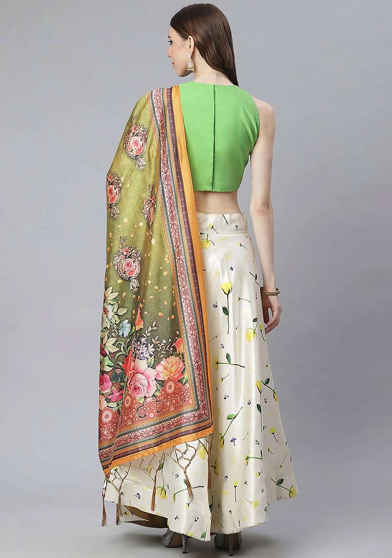 Green Satin Silk Blend Lehenga Set with Printed for Diwali | Wedding & Festive Wear - Indya