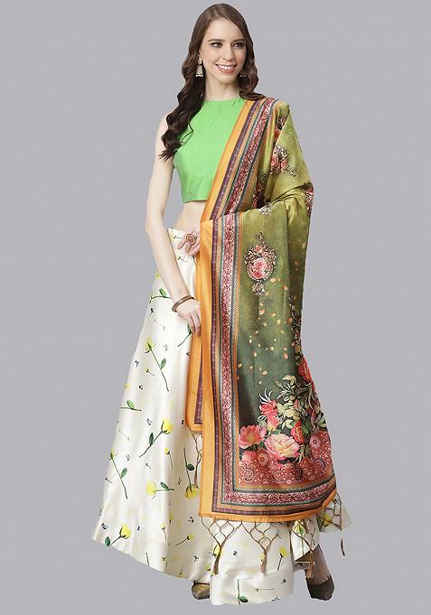 Green Printed Silk Satin Lehenga Set