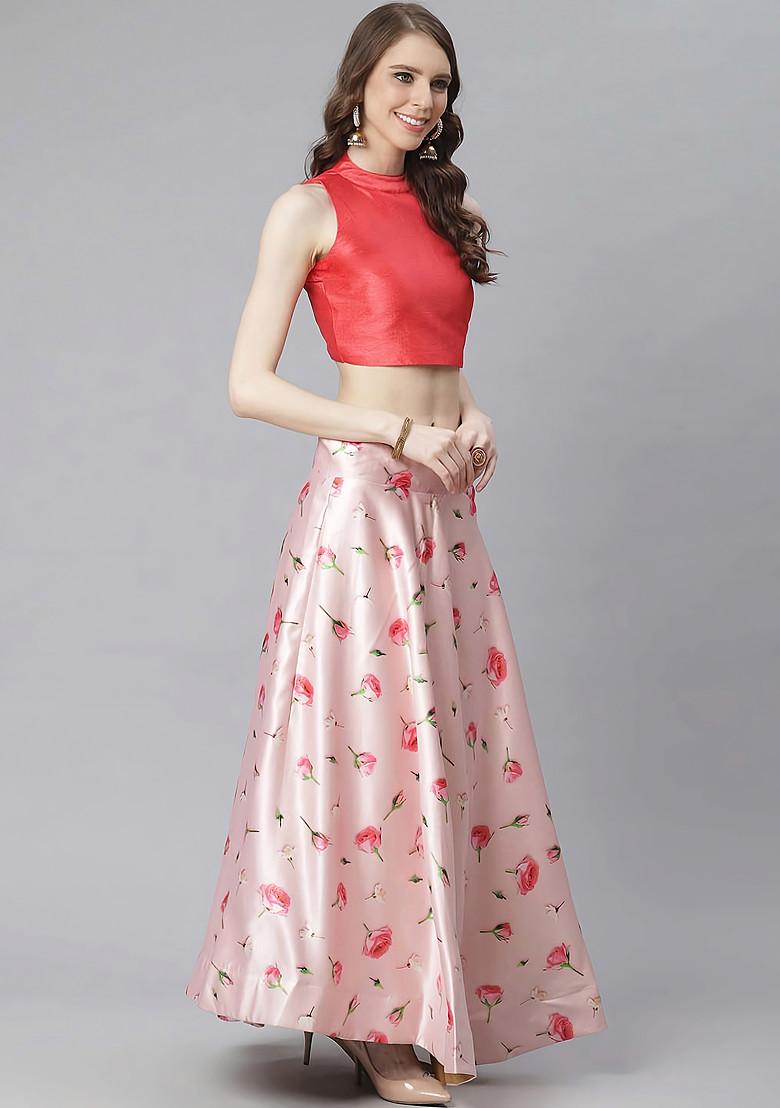Dark Pink Printed Satin Silk Lehenga Set