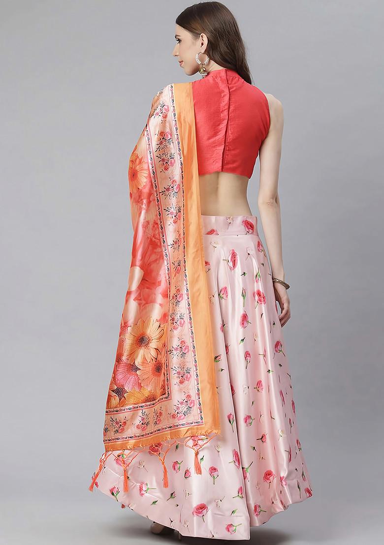 Dark Pink Printed Satin Silk Lehenga Set