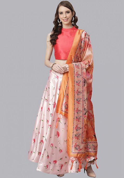 Dark Pink Printed Satin Silk Lehenga Set