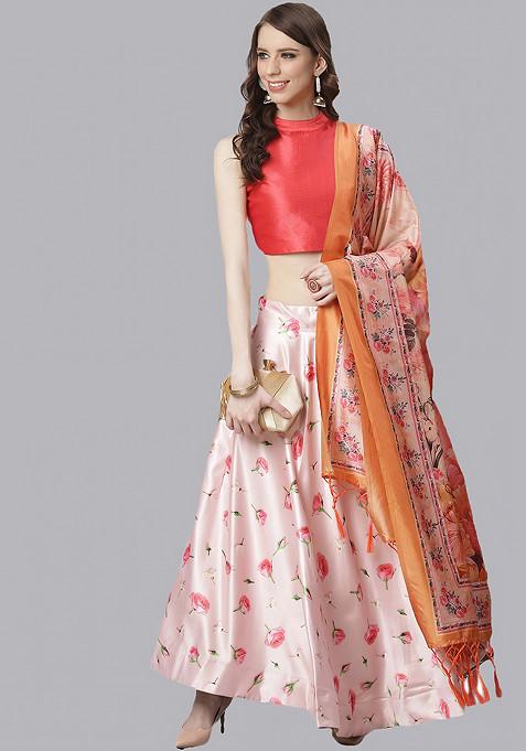 Dark Pink Printed Satin Silk Lehenga Set
