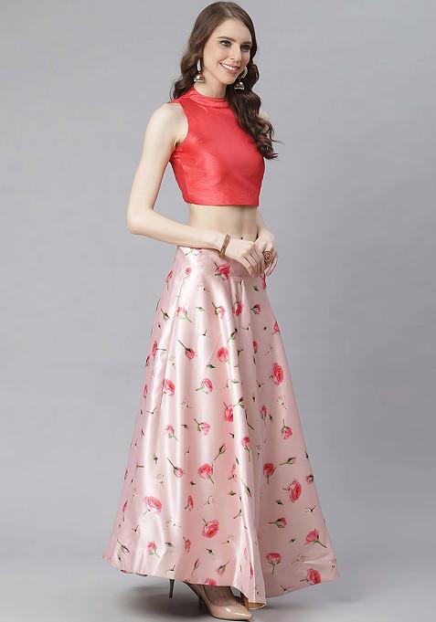 Dark Pink Printed Satin Silk Lehenga Set