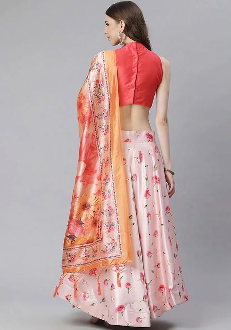 Dark Pink Printed Satin Silk Lehenga Set
