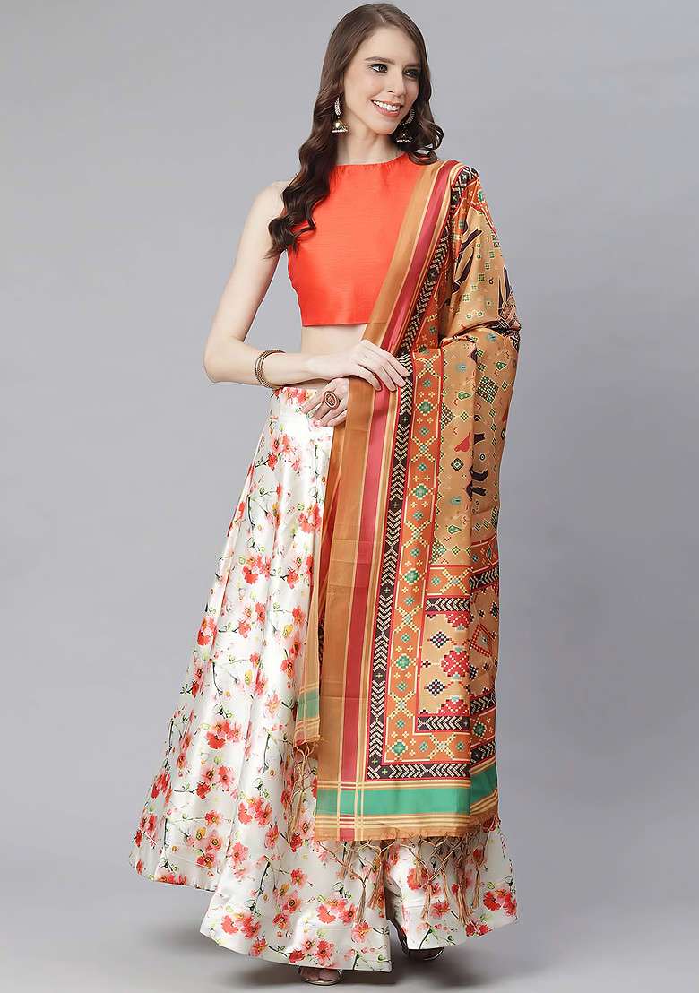 Dark Orange Satin Silk Blend Lehenga Set with Digital Print for Diwali | Wedding & Festive Wear - Indya