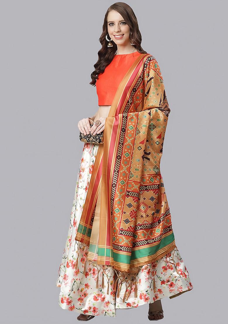Dark Orange Digital Print Silk Satin Lehenga Set